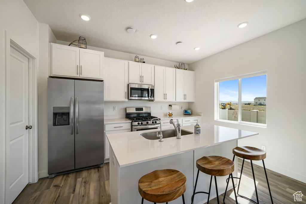 Kitchen with appliances with stainless steel finishes, a sink, dark wood-style floors, recessed lighting, and white cabinets