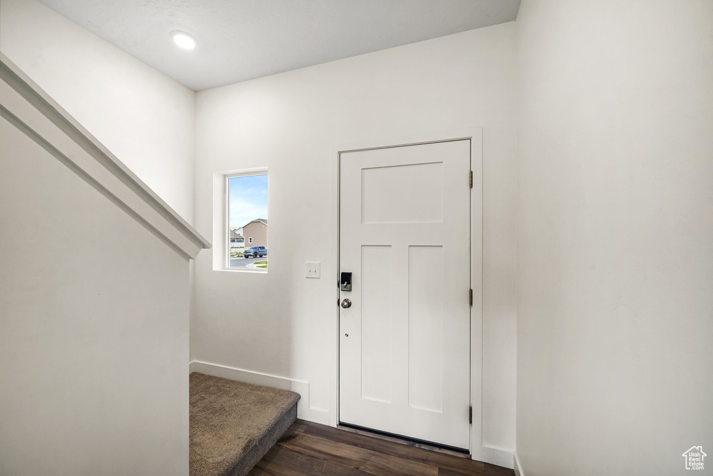 Foyer entrance featuring dark wood-style flooring and baseboards