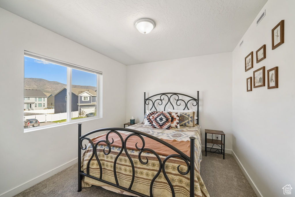 Carpeted bedroom featuring baseboards and a textured ceiling