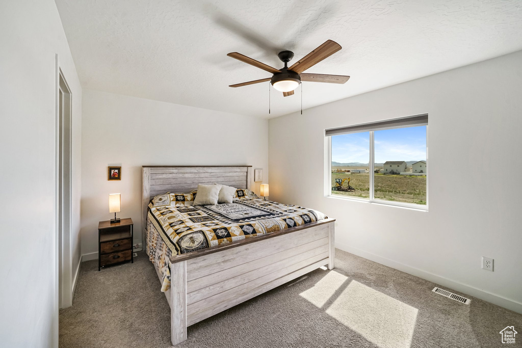 Carpeted bedroom featuring baseboards and a ceiling fan