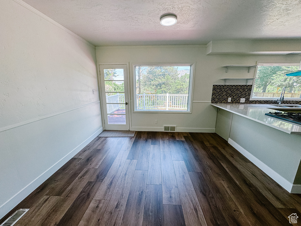 Unfurnished dining area with a textured ceiling, dark wood-style floors, a sink, and baseboards