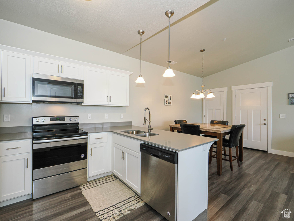 Kitchen with stainless steel appliances, a sink, dark wood finished floors, white cabinetry, and lofted ceiling
