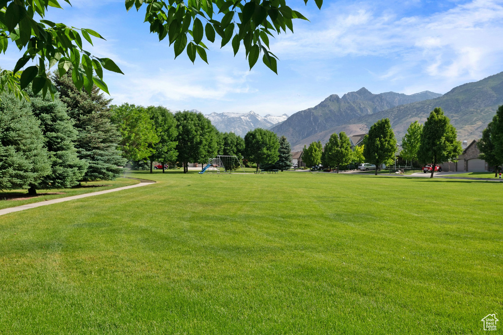 View of home's community featuring a mountain view and a lawn