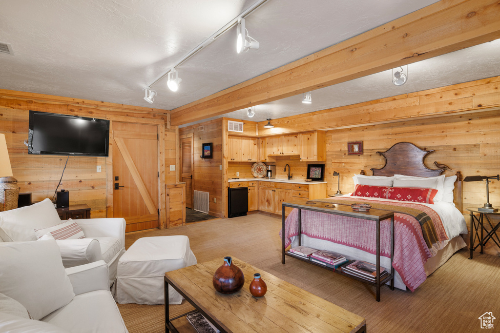 Bedroom featuring a sink, wooden walls, and rail lighting