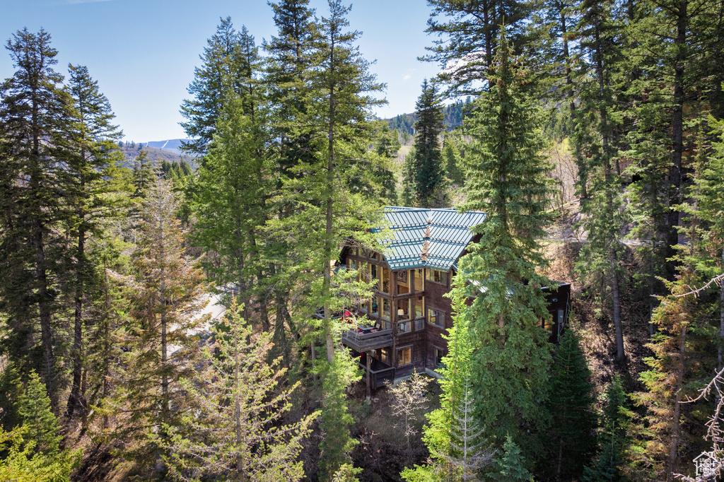 Exterior space with a forest view and metal roof