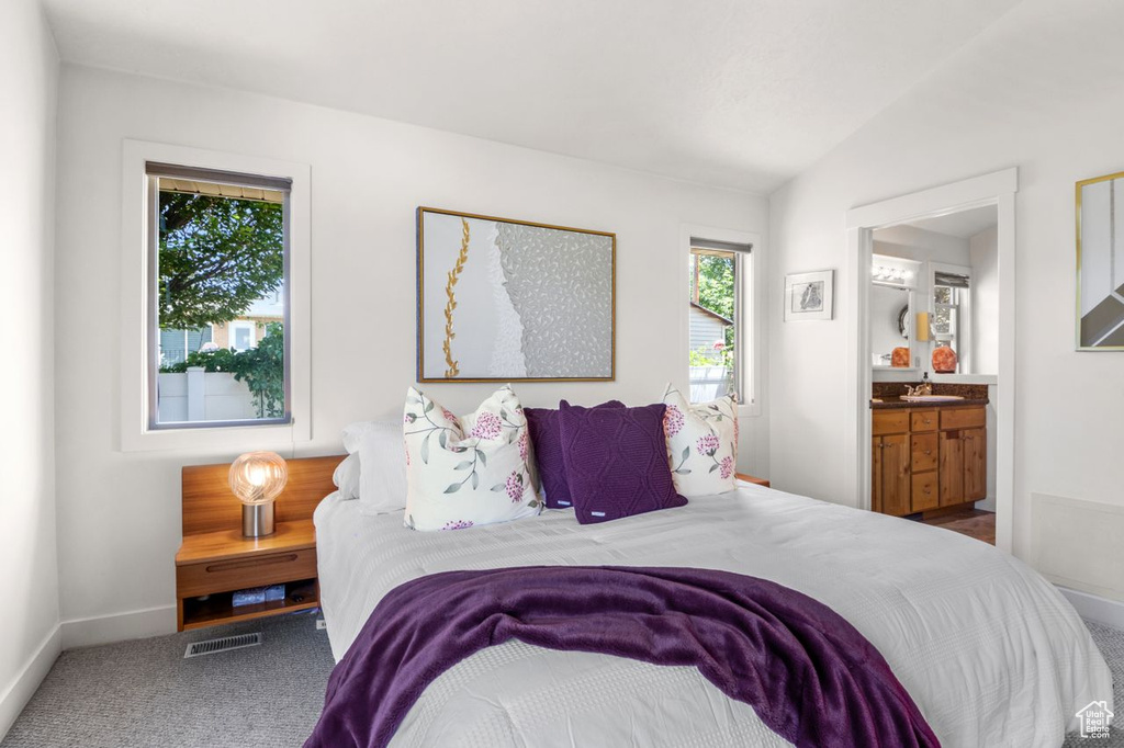 Bedroom with a sink, carpet flooring, baseboards, connected bathroom, and lofted ceiling