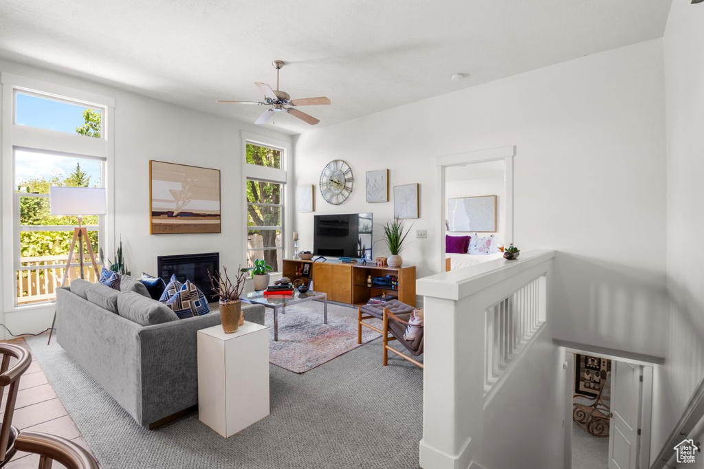 Living room with ceiling fan and a glass covered fireplace