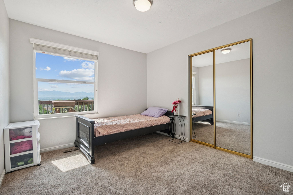 Bedroom with carpet, baseboards, and a closet