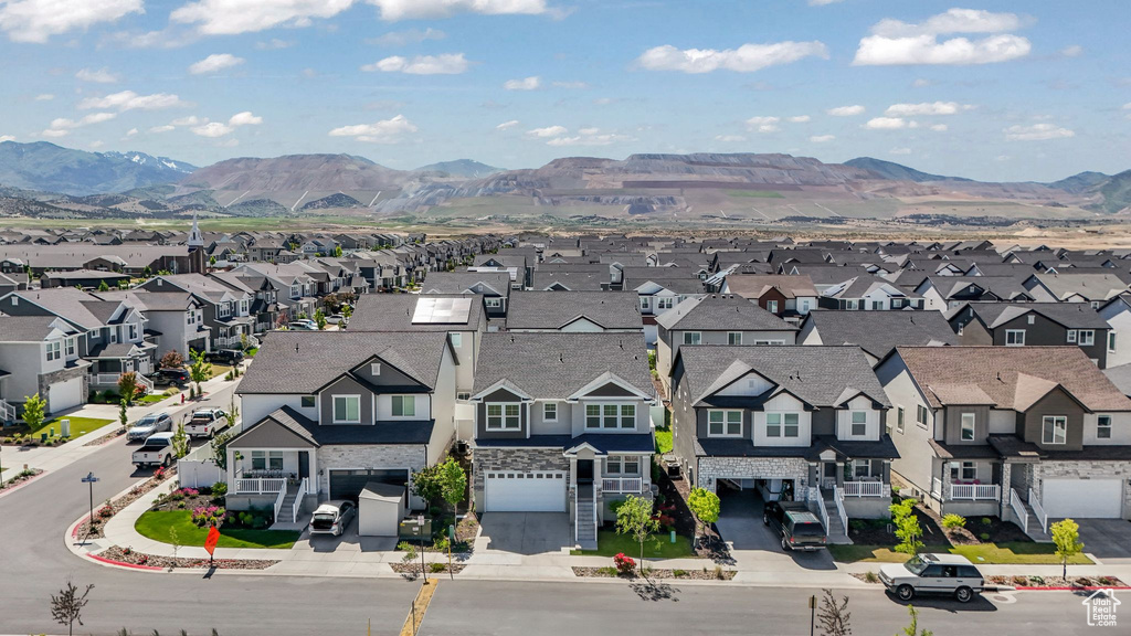 Aerial perspective of suburban area featuring mountains