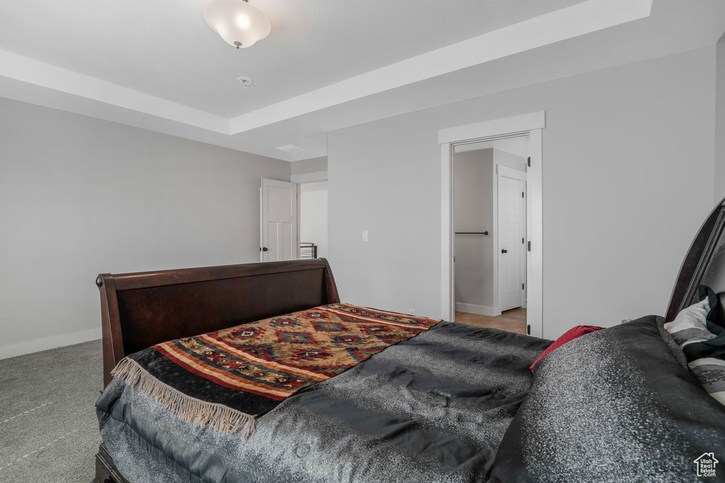 Bedroom with baseboards, a raised ceiling, and carpet flooring