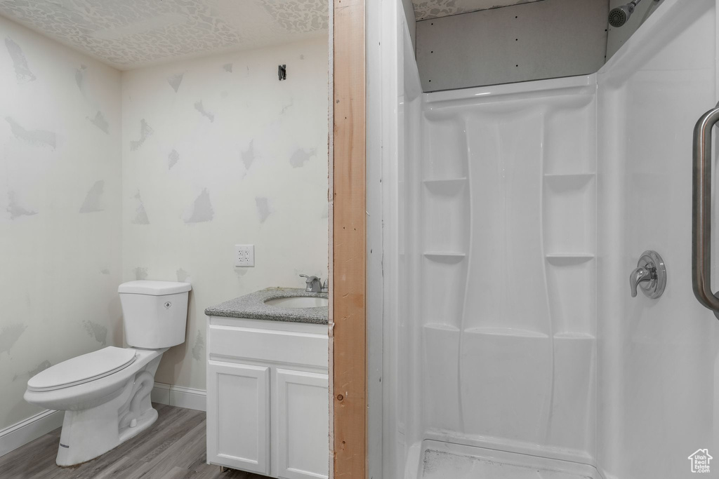 Bathroom with a shower, wood finished floors, toilet, and vanity