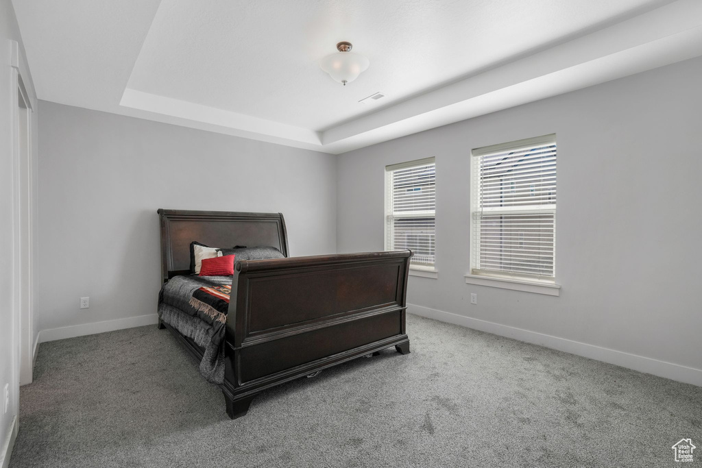 Bedroom with carpet, a tray ceiling, and baseboards