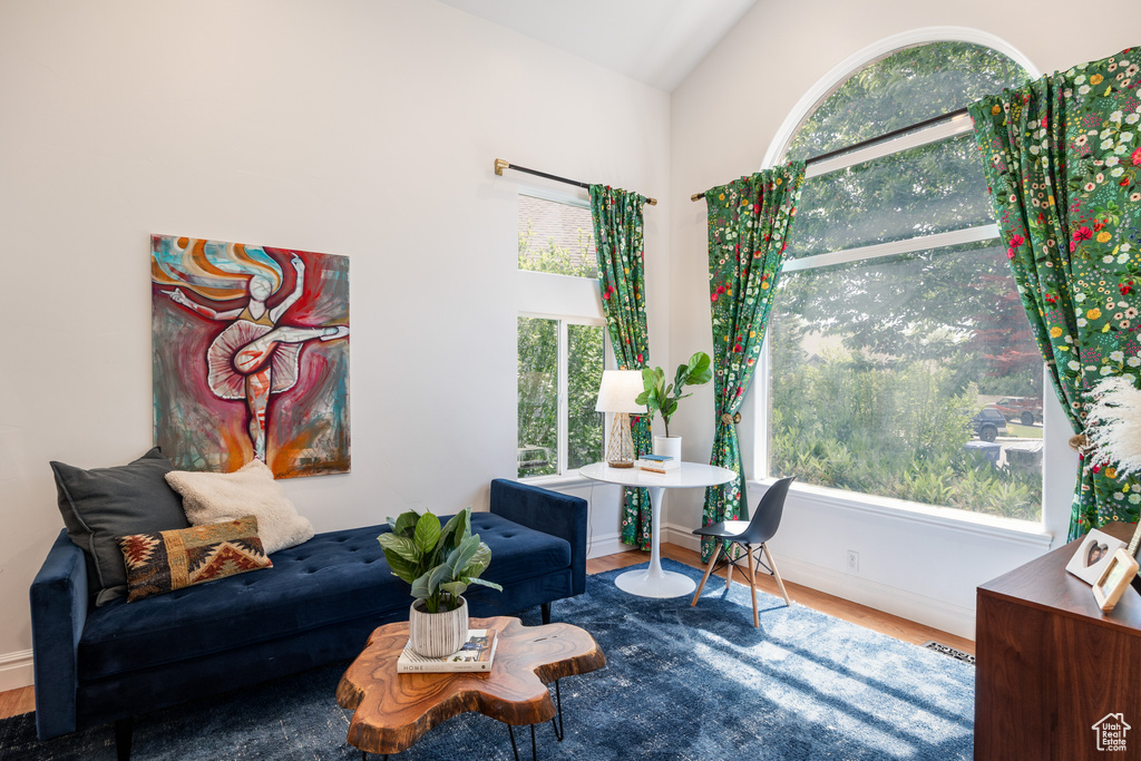 Sitting room featuring baseboards, wood finished floors, and lofted ceiling
