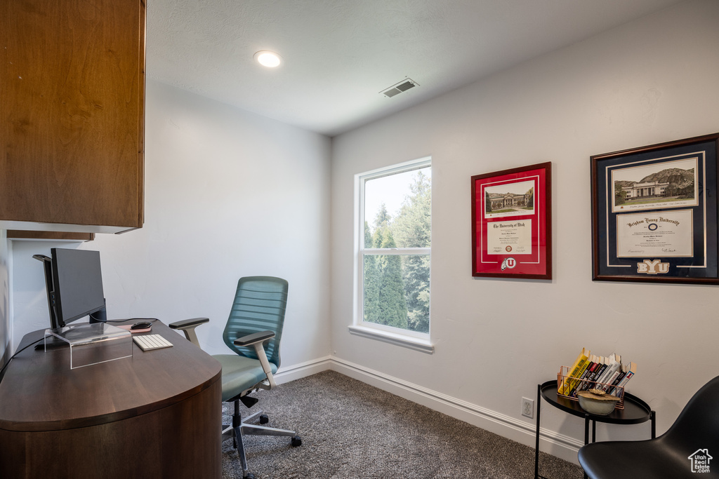 Office area with carpet floors, baseboards, and recessed lighting