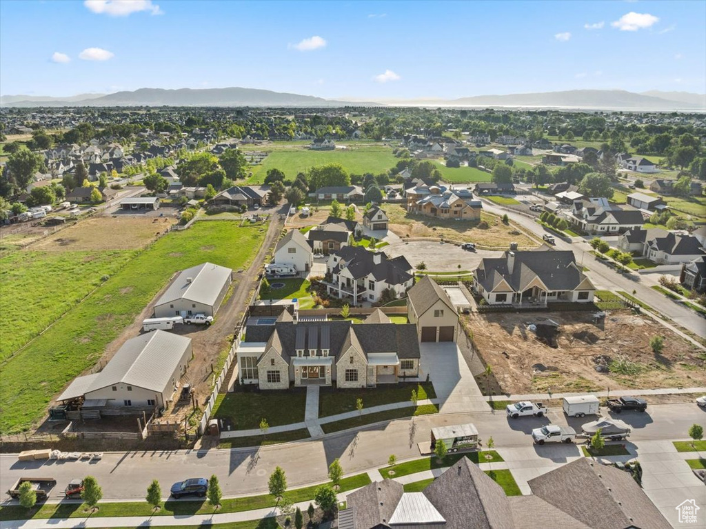 Aerial view of residential area with mountains