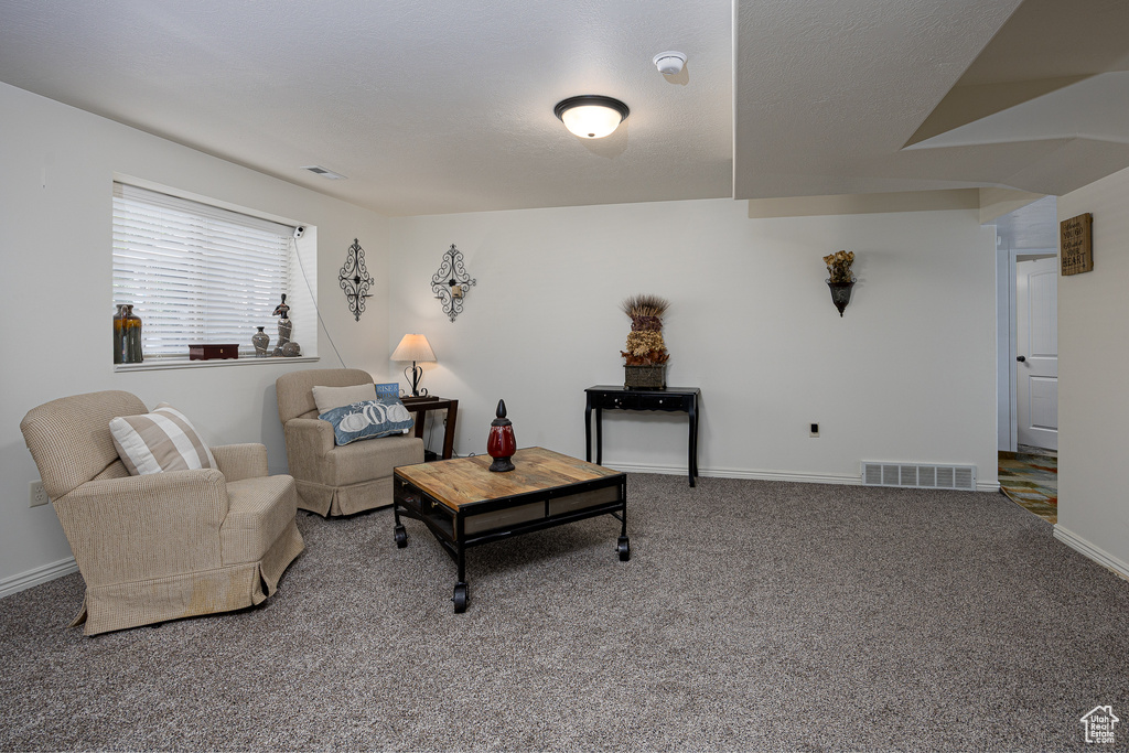 Living area featuring carpet and baseboards