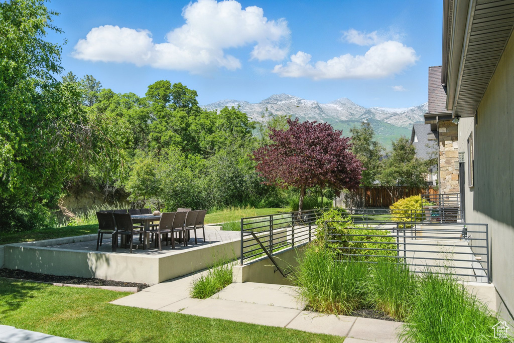 View of yard featuring a patio and a mountain view