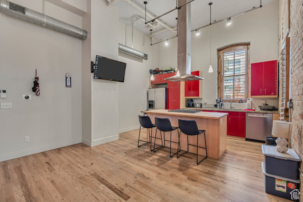 Kitchen with stainless steel appliances, rail lighting, a center island, light countertops, and light wood finished floors