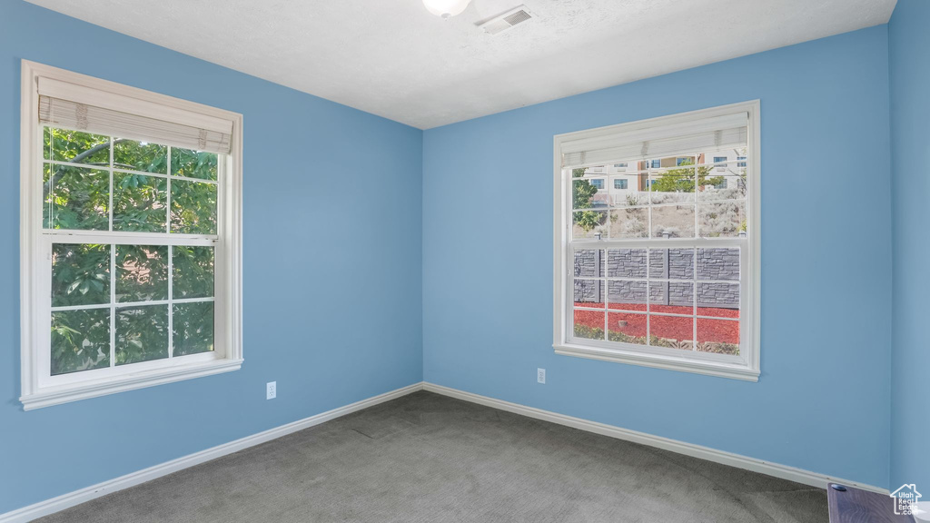 Empty room with carpet floors and baseboards