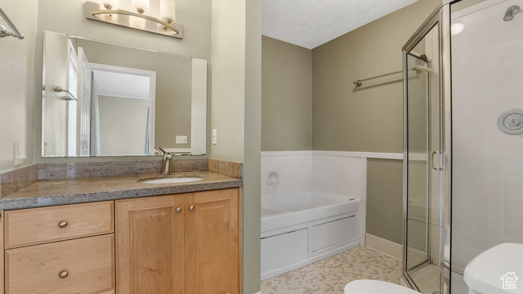 Bathroom with toilet, a garden tub, vanity, and a shower stall