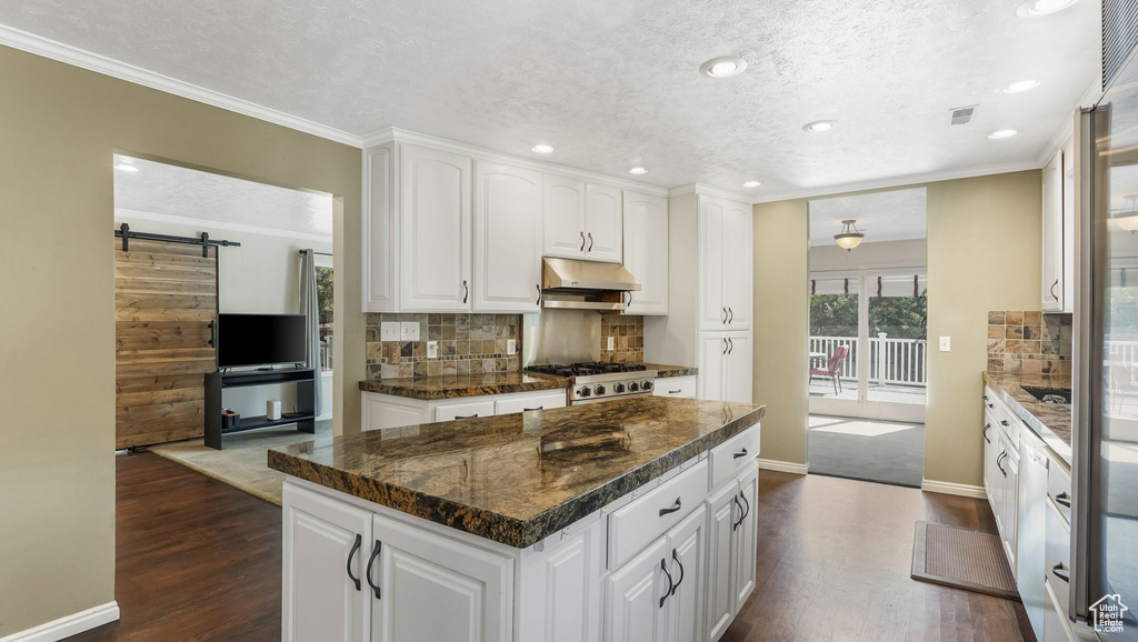 Kitchen featuring under cabinet range hood, dark wood-type flooring, tasteful backsplash, a kitchen island, and recessed lighting