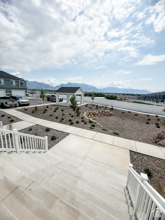 View of patio with a mountain view