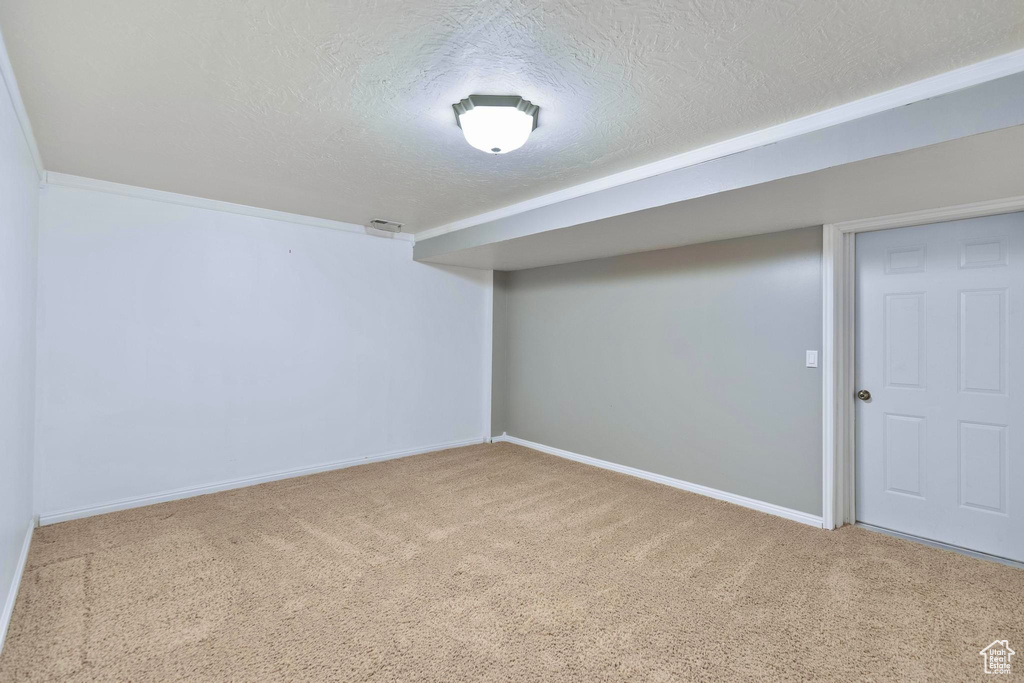 Finished basement featuring a textured ceiling, carpet floors, and baseboards