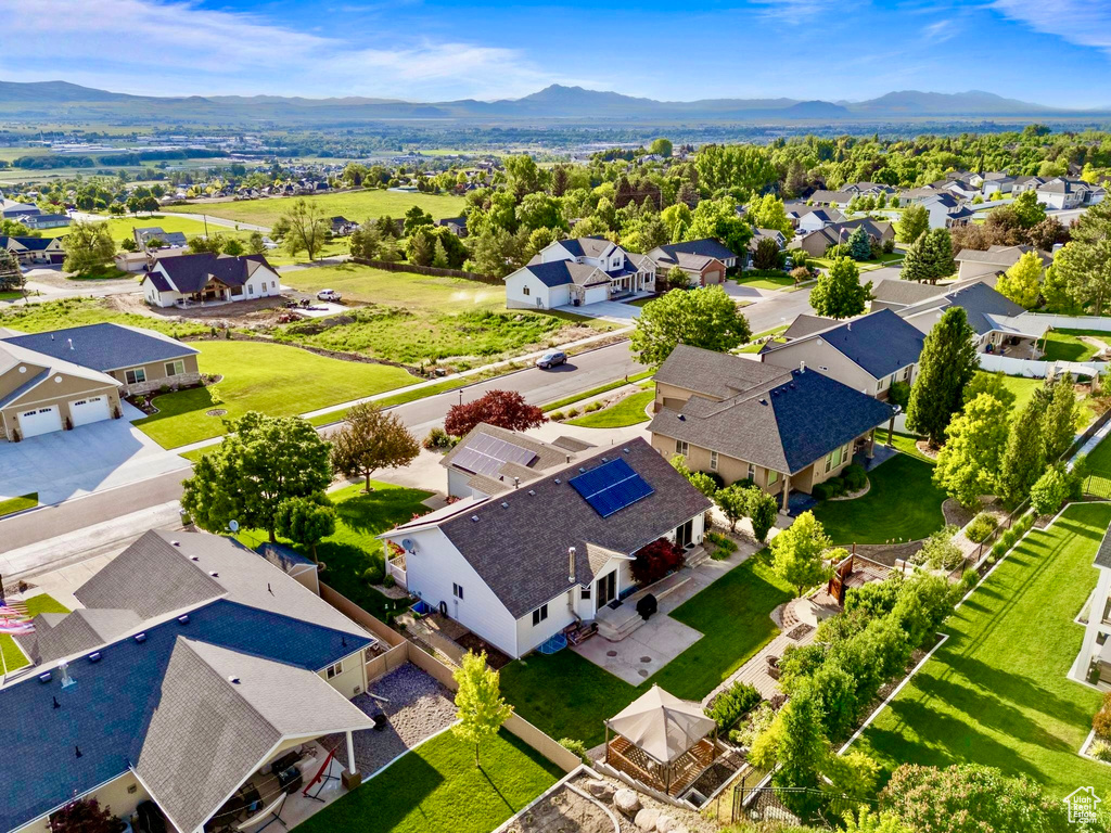 Aerial view of residential area with mountains