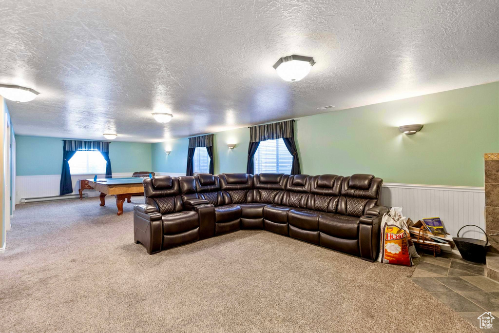 Home theater with carpet flooring, a textured ceiling, a wainscoted wall, pool table, and a baseboard radiator
