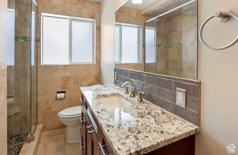 Bathroom featuring plenty of natural light, vanity, toilet, and a stall shower