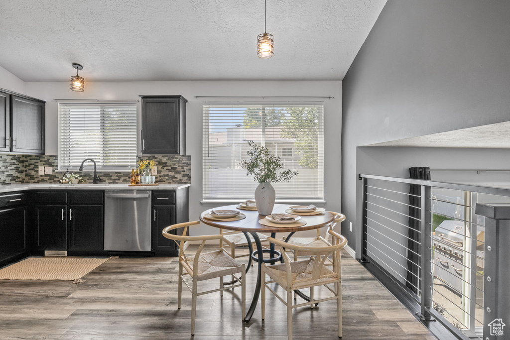 Kitchen with dishwasher, a textured ceiling, plenty of natural light, wood finished floors, and decorative backsplash