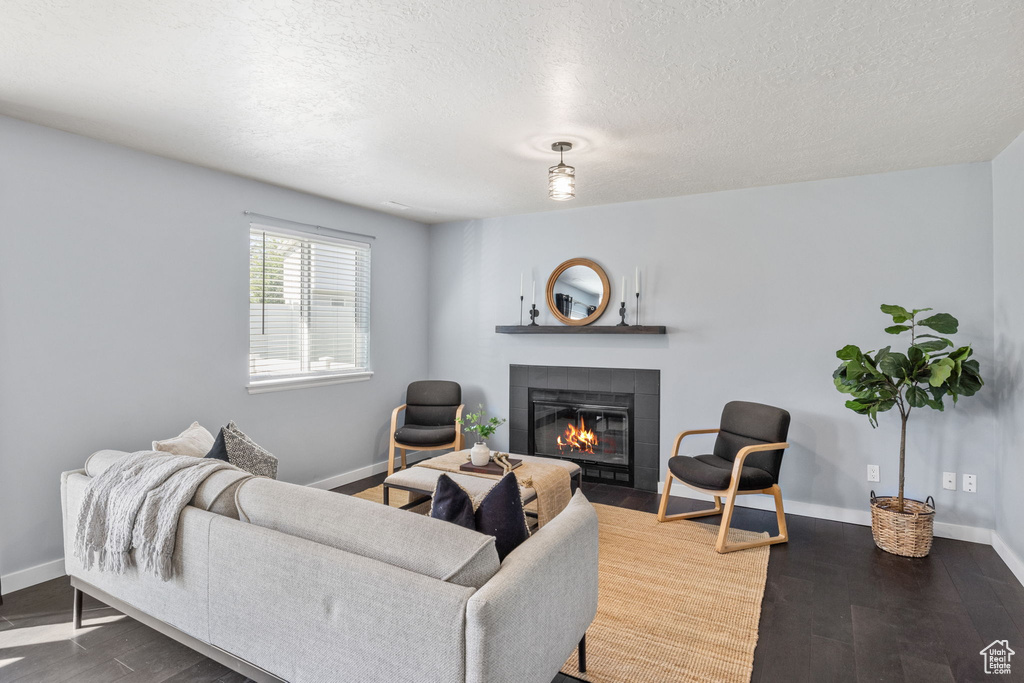 Living area with a fireplace, baseboards, wood finished floors, and a textured ceiling