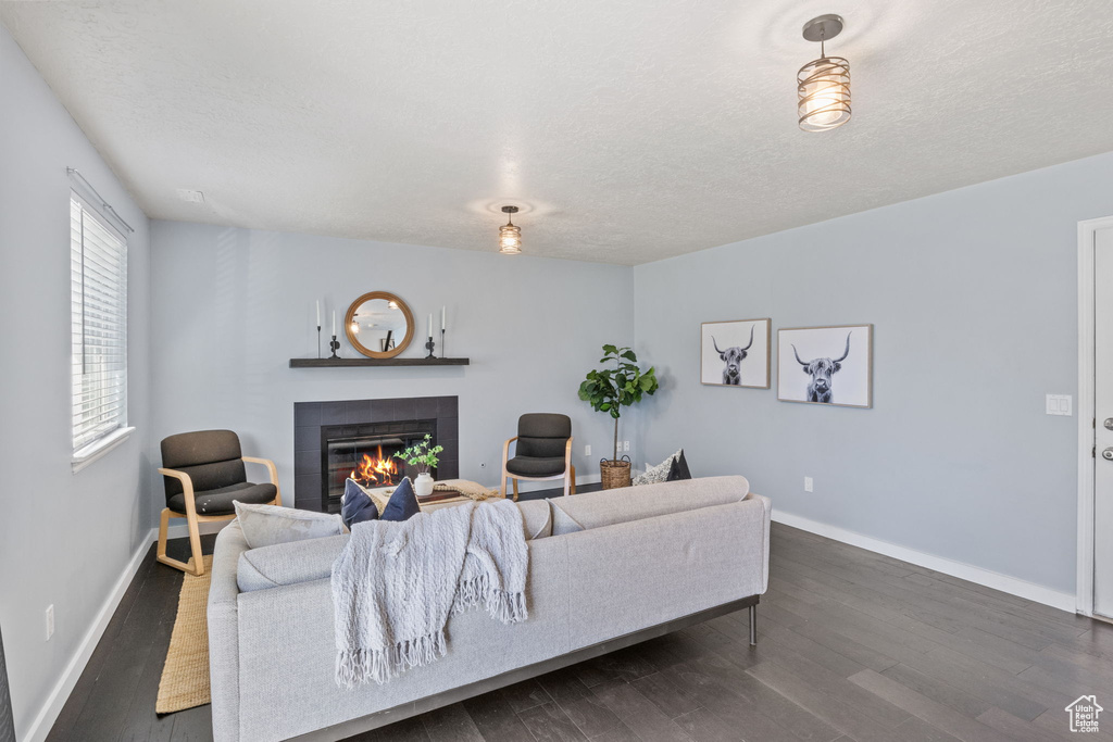 Living room featuring a fireplace, baseboards, dark wood-style flooring, and a textured ceiling