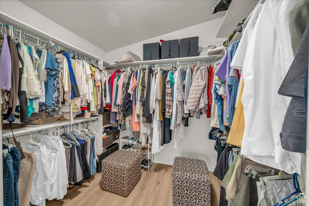 Spacious closet featuring wood finished floors and lofted ceiling