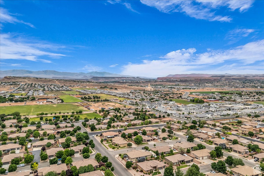 Aerial perspective of suburban area with mountains