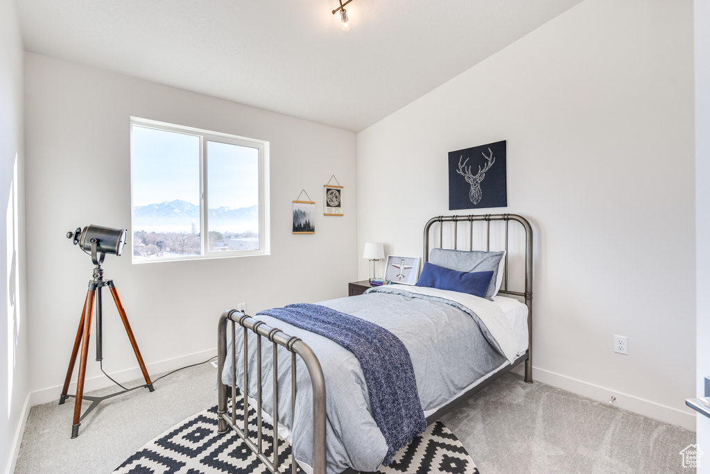 Carpeted bedroom with baseboards and vaulted ceiling