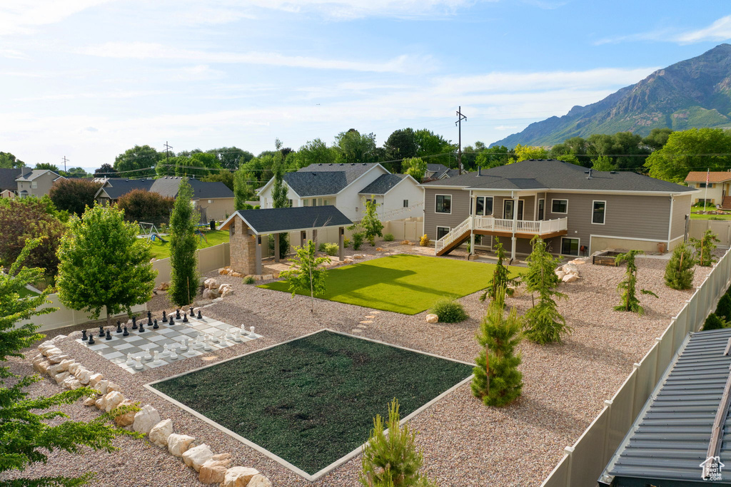 Aerial view of residential area with a mountain backdrop