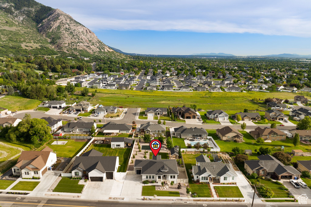 Aerial perspective of suburban area with mountains