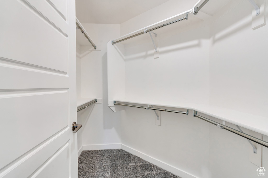 Walk in closet featuring dark carpet