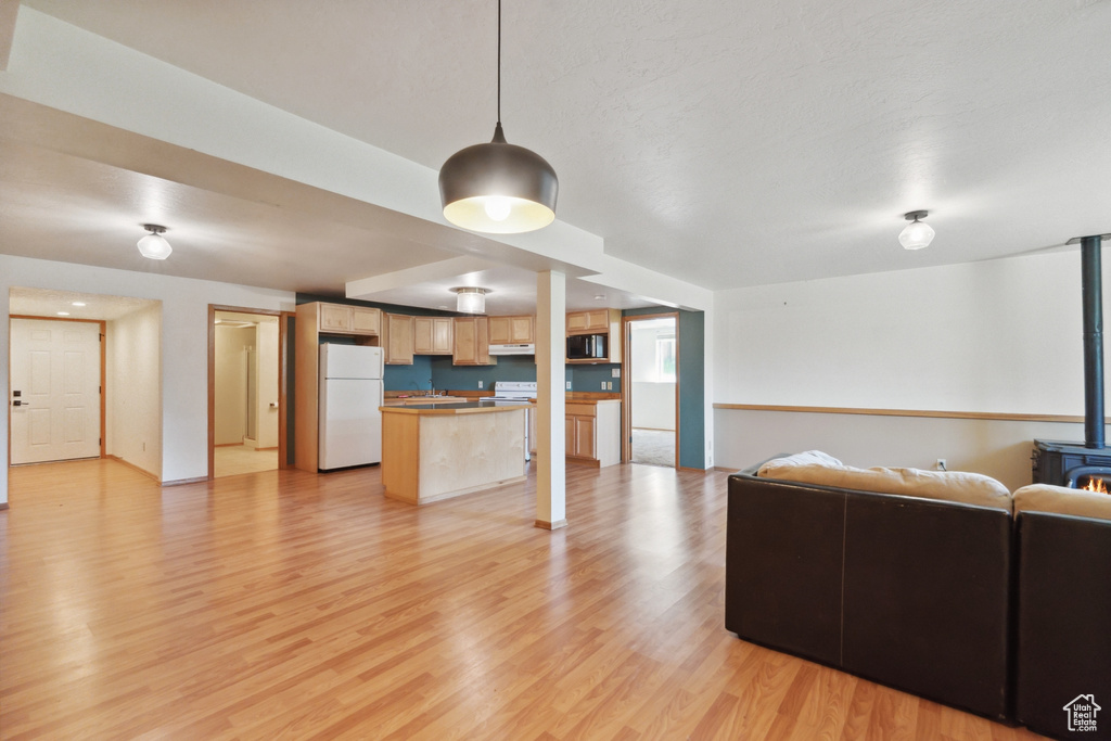 Living room featuring light wood-type flooring and a wood stove