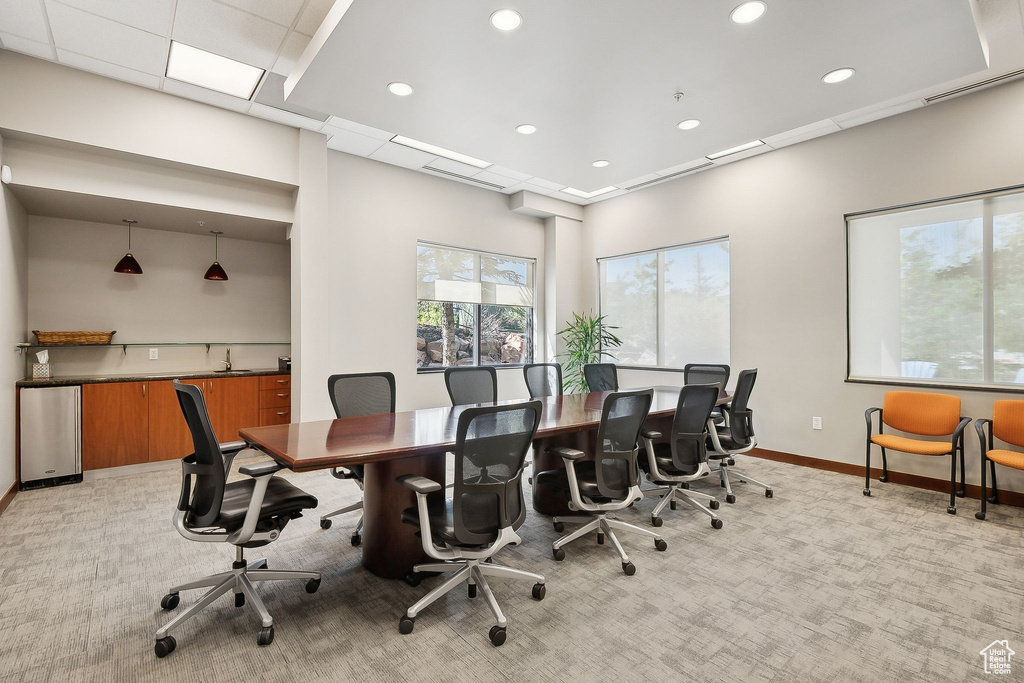 Office with light carpet, recessed lighting, and baseboards