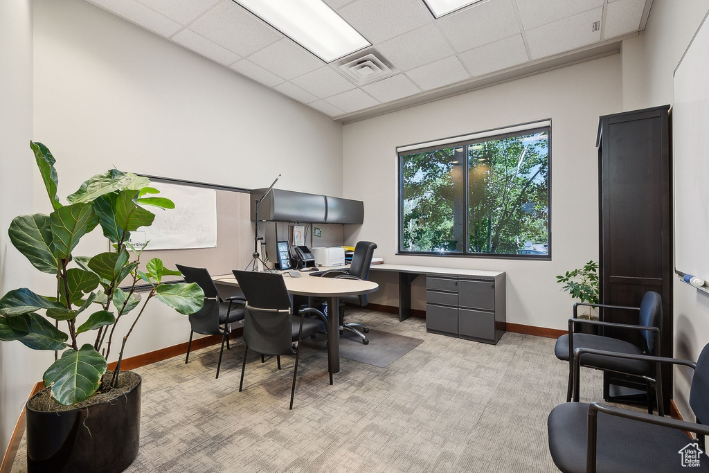 Office space with light carpet, baseboards, and a drop ceiling