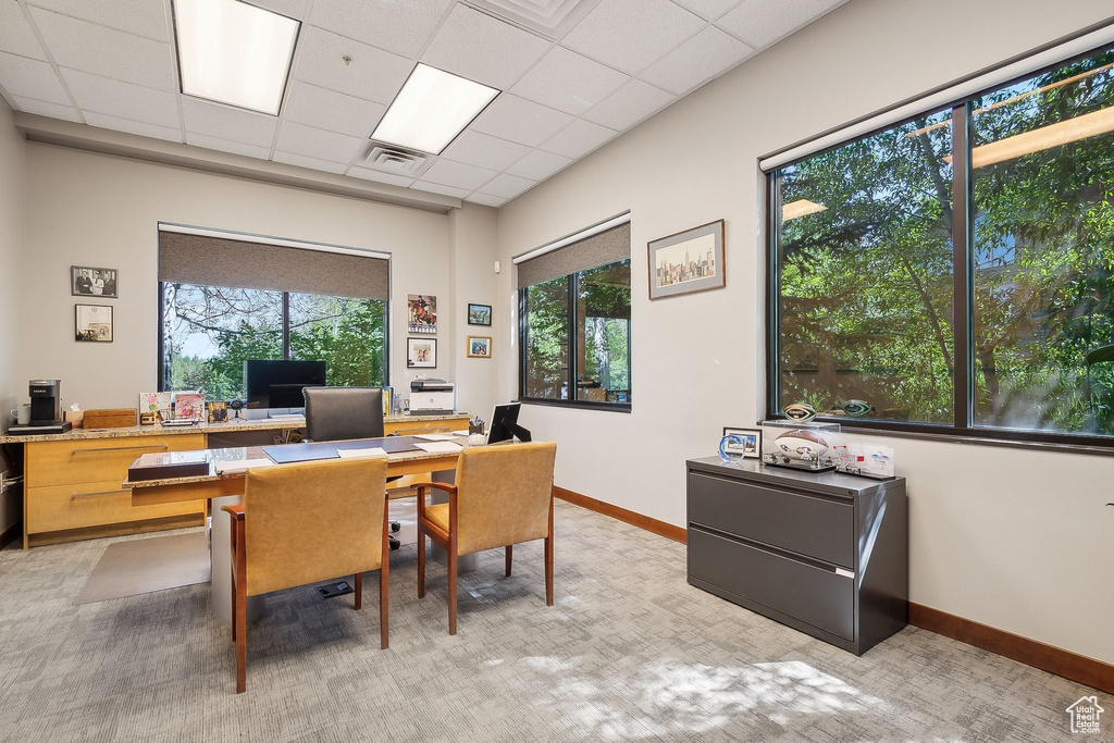 Office space featuring light colored carpet, a drop ceiling, and baseboards