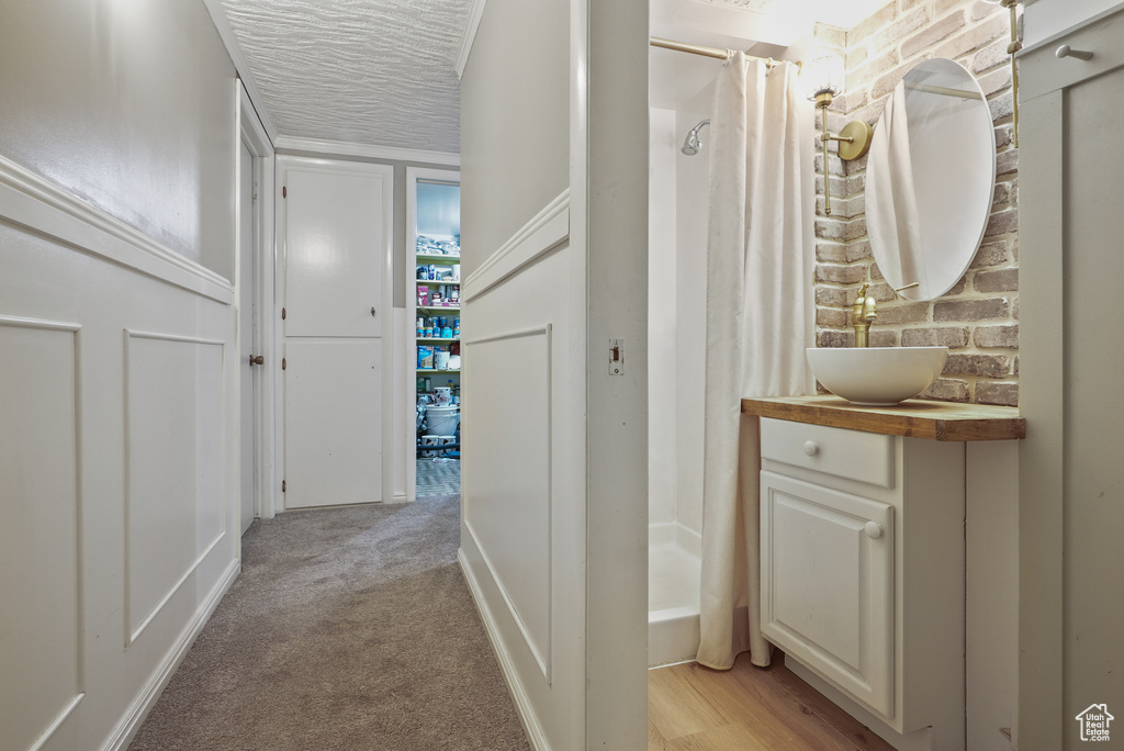 Hall with a sink and light carpet