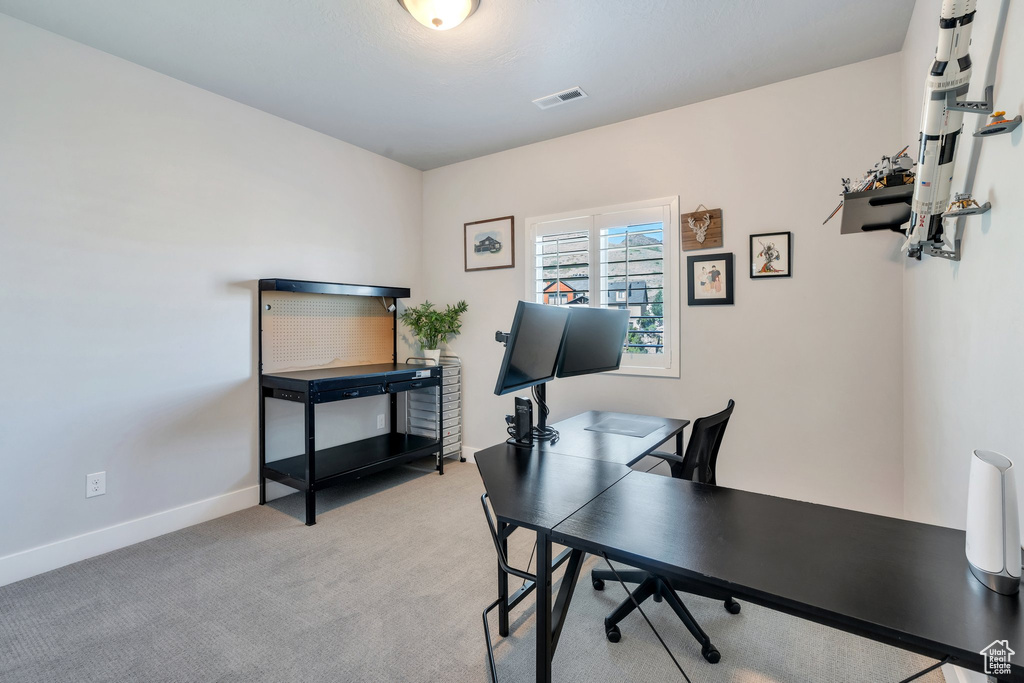 Office featuring light carpet and baseboards