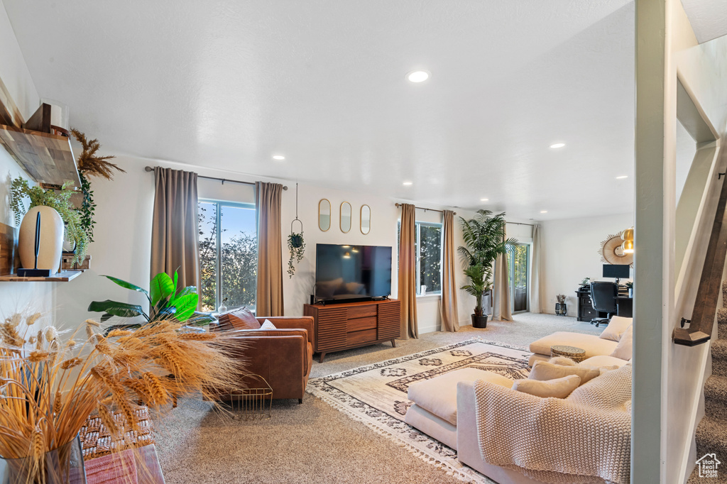 Living area featuring carpet and recessed lighting