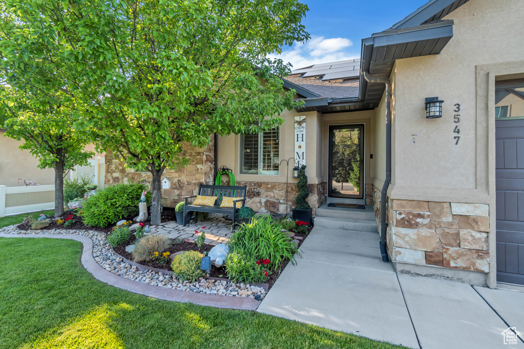 Entrance to property with roof mounted solar panels, stone siding, stucco siding, a yard, and roof with shingles