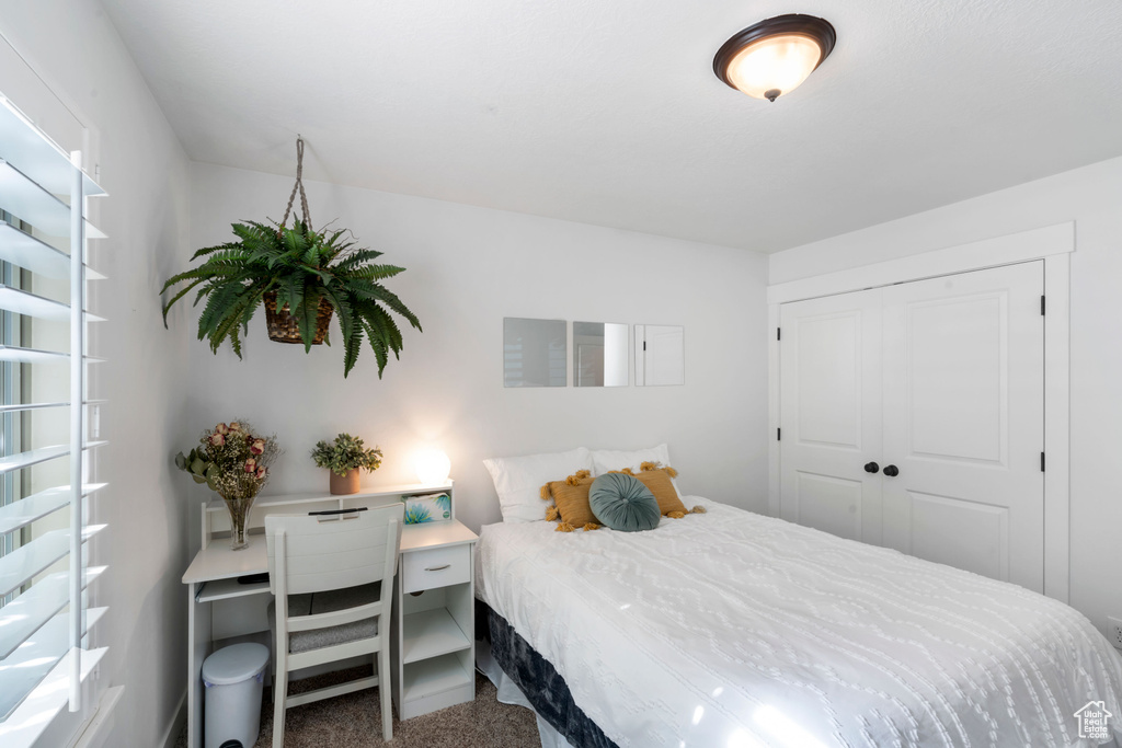Bedroom featuring carpet flooring and a closet