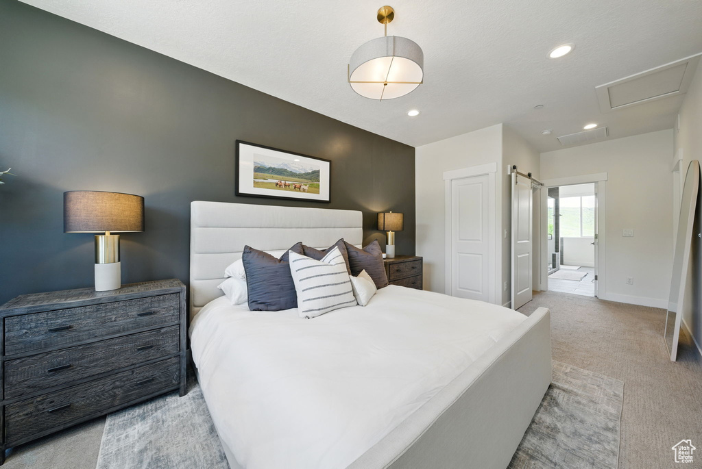 Bedroom with attic access, baseboards, recessed lighting, and light colored carpet