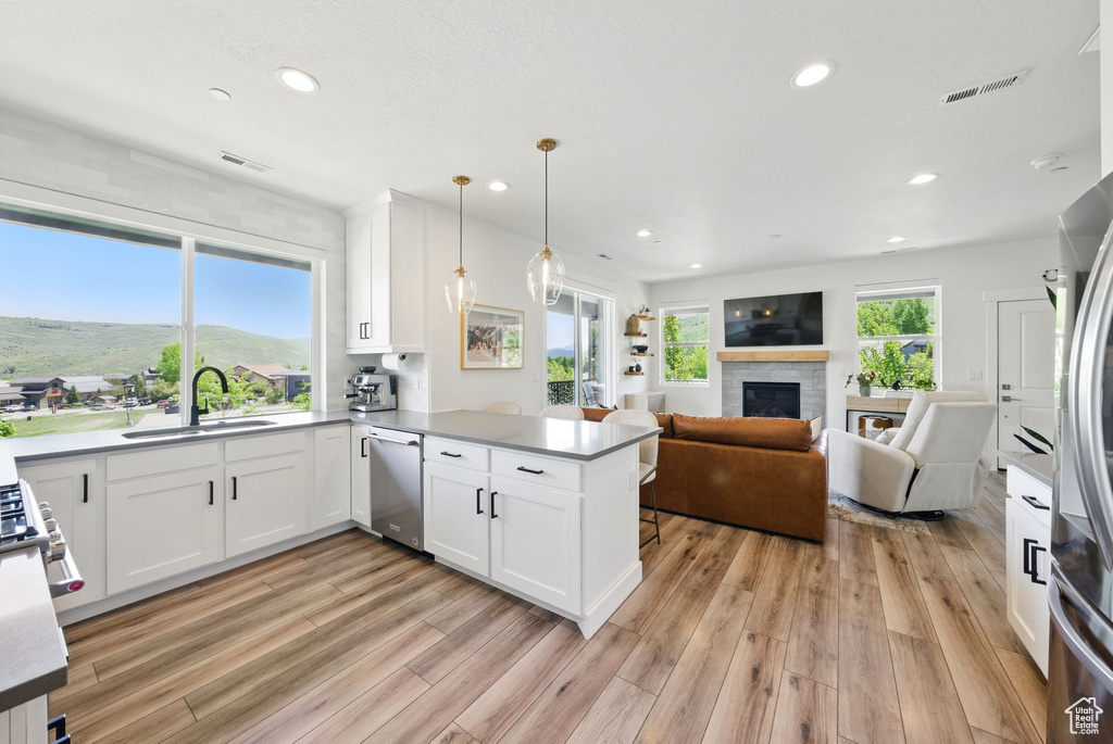 Kitchen with a sink, stainless steel appliances, open floor plan, a peninsula, and a glass covered fireplace